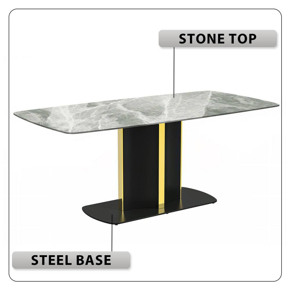 Sylva 71" Light Grey Glass Top Dining Table with Black and Gold Steel Base
