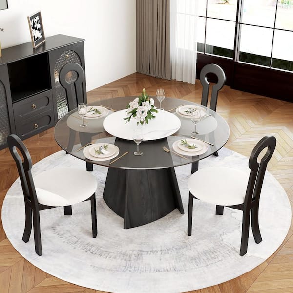 Round 53 in. Black Tempered Glass Tabletop with Rotable Lazy Susan and Pedestal Base Dining Table (Seats 6)