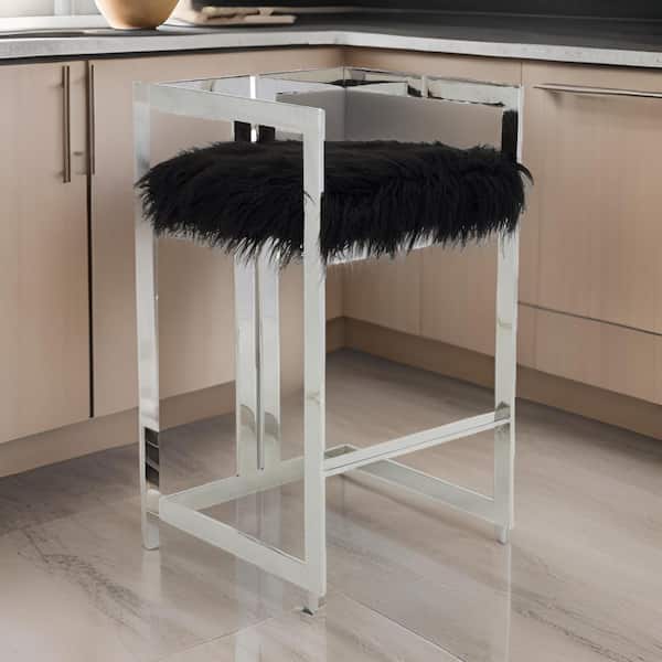 Benjara 29.5 in. Black and Silver Low Back Metal Frame Bar Stool with Fabric Seat