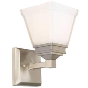 5 in. W x 6.4 in. L x 8.6 in. H Brushed Nickel Wall Sconce with Frosted Glass Shade
