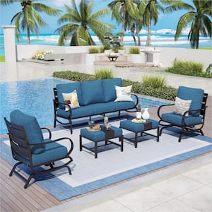 Black 5-Piece Metal Slatted 7-Seat Outdoor Patio Conversation Set with Peacock Blue Cushions 2 Rocking Chairs 2 Ottomans