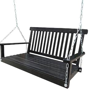 2-Person Black Wood Front Porch Swing with Armrests for Outdoor Patio