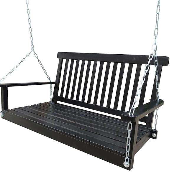 Sudzendf 2-Person Black Wood Front Porch Swing with Armrests for Outdoor Patio