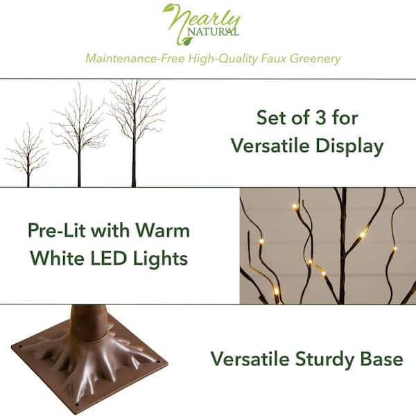 3 ft. 5 ft. 6 ft. Artificial Brown Birch Trees with Warm White LED Lights - (Set of 3)