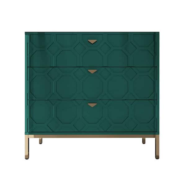 Clihome Honeycomb Wooden 3-Drawer Storage Cabinet Table in Green