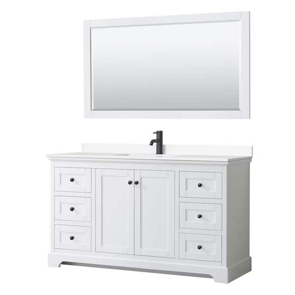 Wyndham Collection Avery 60 in. W x 22 in. D x 35 in. H Single Bath Vanity in White with White Cultured Marble Top and 58 in. Mirror