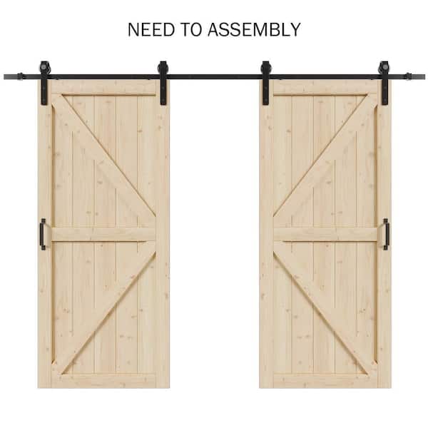 TENONER 72 in. x 84 in. (Double 36 in. Doors) K-Frame Unfinished, Pine Wood, Barn Door Slab with Barn Door Hardware