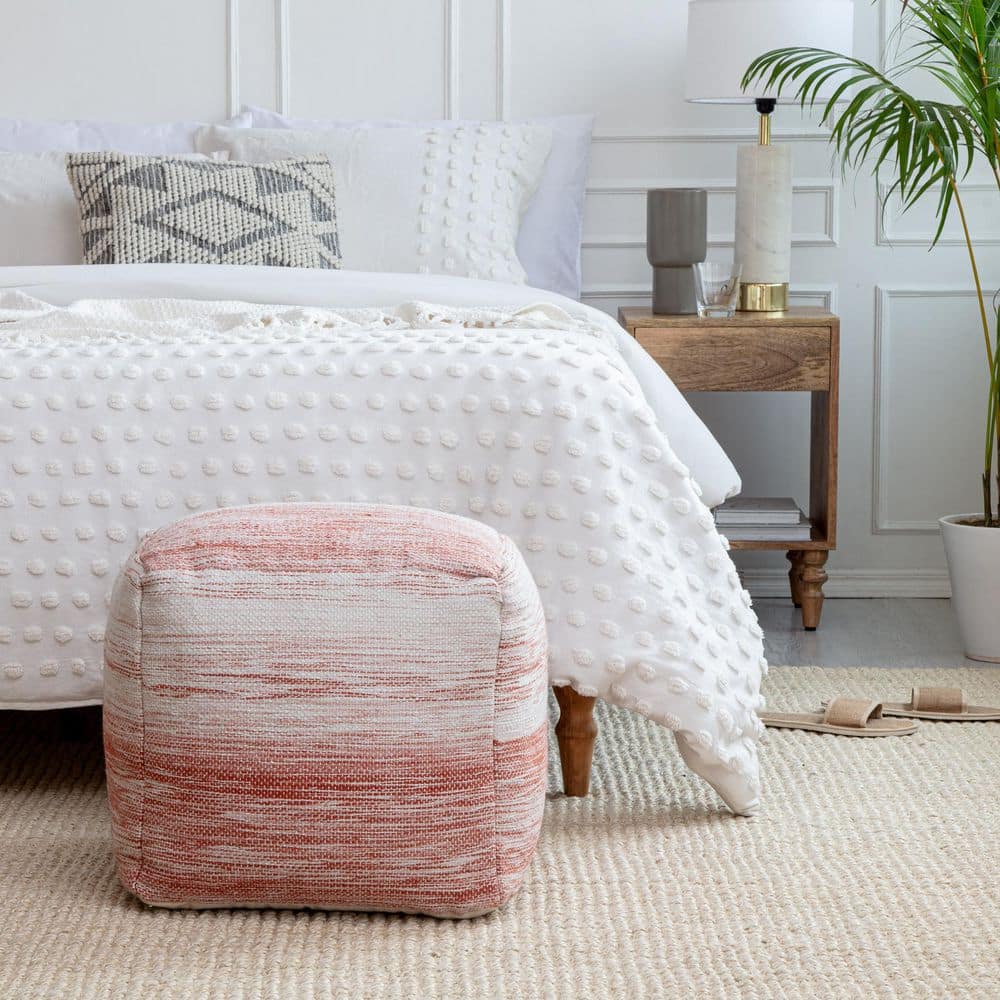 Caledonia Square 21" Red & Ivory Handmade Pouf Ottoman