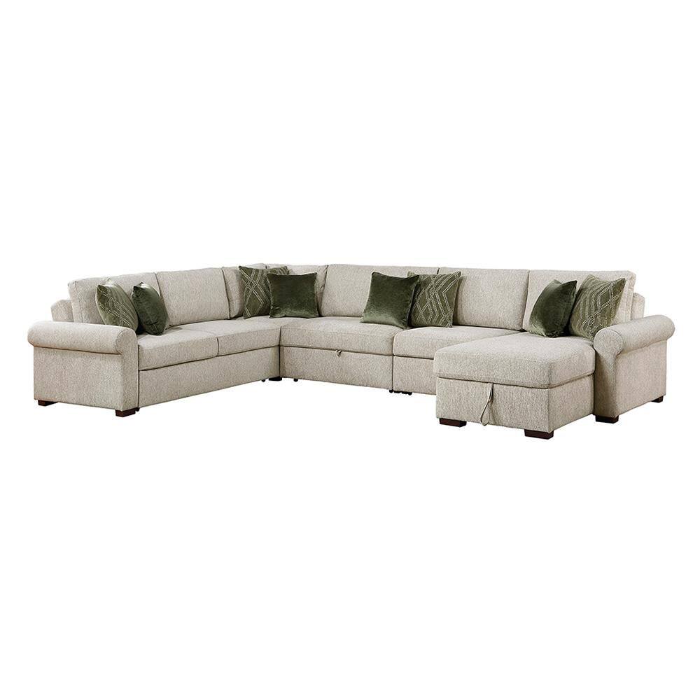 Deleon 153 in. Rolled Arm Microfiber 5-Piece Sectional Sofa with Reversible Chaise and Pull-out Bed in Sage Sand price history on PriceWatchPro
