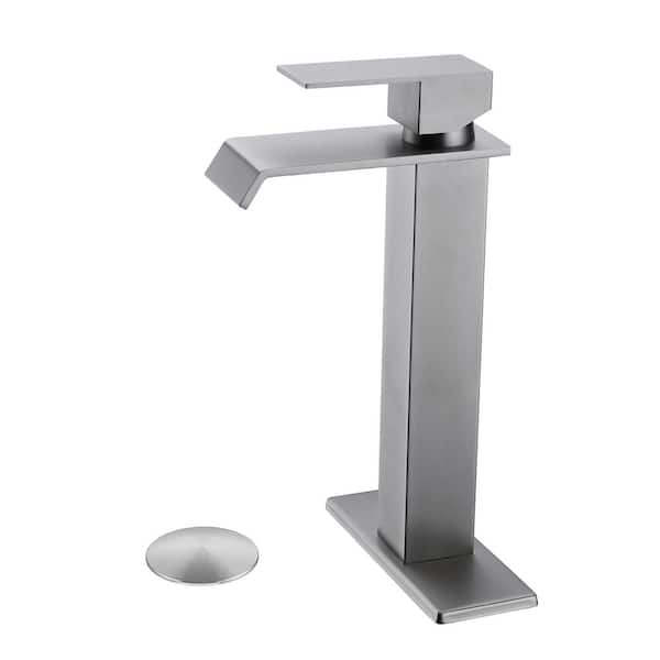Lukvuzo Single Handle Single Hole Bathroom Faucet Waterfall Spout Bathroom Sink Faucet with Pop-Up Drain in Brushed Nickel