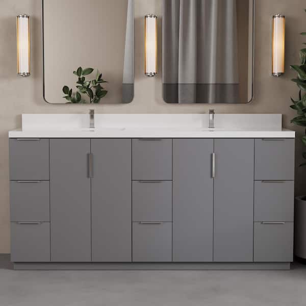 Bergen 75in. Double Sink, Gray Bath Vanity with White Engineered Stone Top.