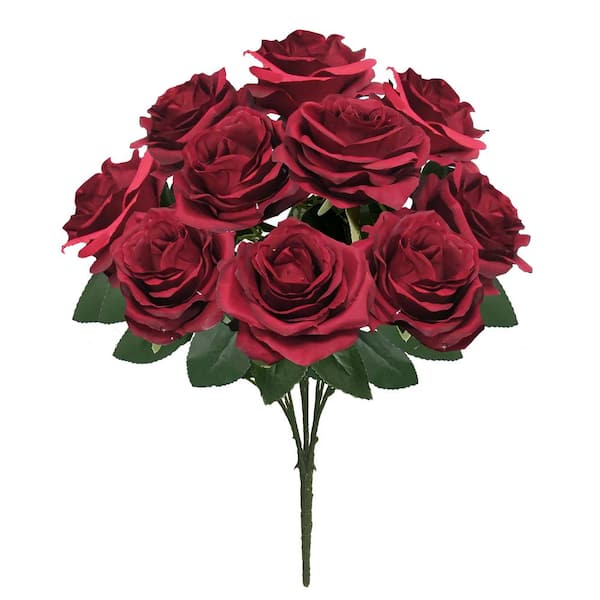 LIVING LUXURY 18 in. Deluxe Burgundy Artificial Queen Rose Flower Stem Bush Bouquet (Set of 2)