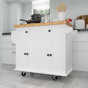 Solid Wood Top 43.31 in. White Kitchen Island Cart with 4 Doors 2 Drawers and Locking Wheels