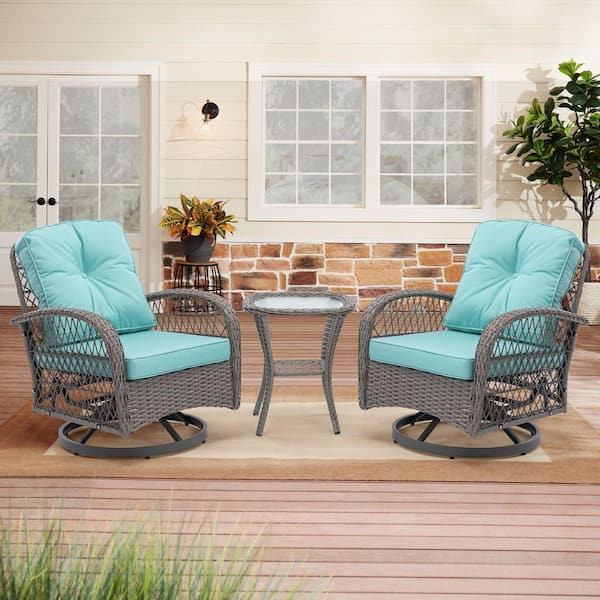 Unbranded 3-Piece Gray Wicker Patio Swivel Outdoor Rocking Chair with Blue Cushions and Table