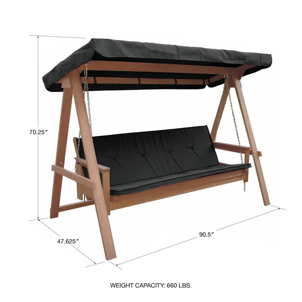 Avoca Natural Shorea Wood 3-Seat Swing Daybed with Black Canopy