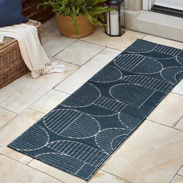 JONATHAN Y Nordby High-Low Geometric Arch Scandi Striped Navy/Cream 2 ft. x 8 ft. Indoor/Outdoor Runner Rug