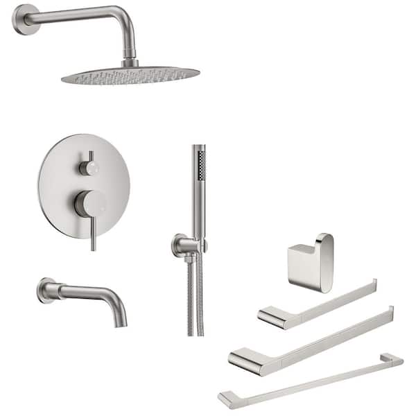 YAWWALK 10 in. Rainfall Double Handles 3-Spray Tub and Shower Faucet 2.5 GPM and Towel Racks in Brushed Nickel Valve Included