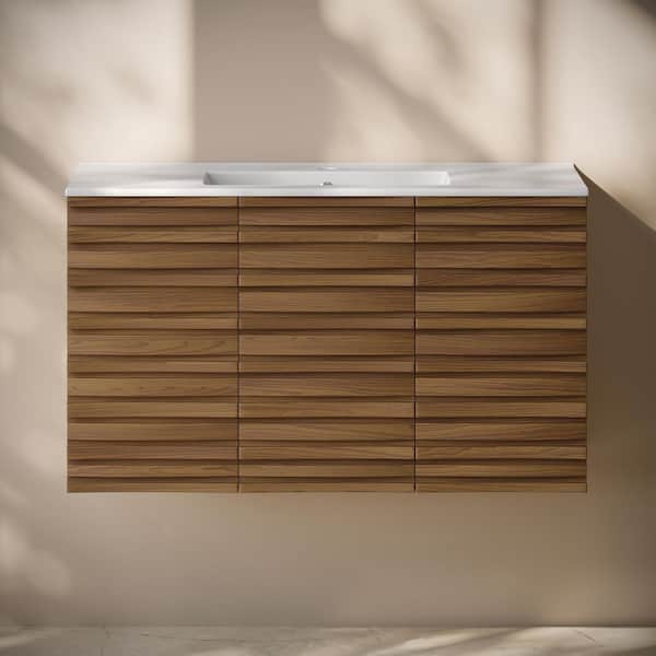 Cascade 36 in. Wall-Mounted Bath Vanity in Brown Oak with White Ceramic Sink Top