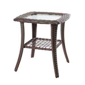 Outdoor PE Brown Rattan Patio Side Table with 5mm Tempered Glass Top