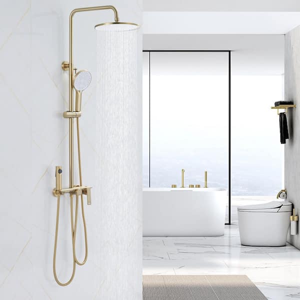 4-Spray Multi-Function Wall Bar Shower Kit with Tub Faucet and Spray Gun in Brushed Gold