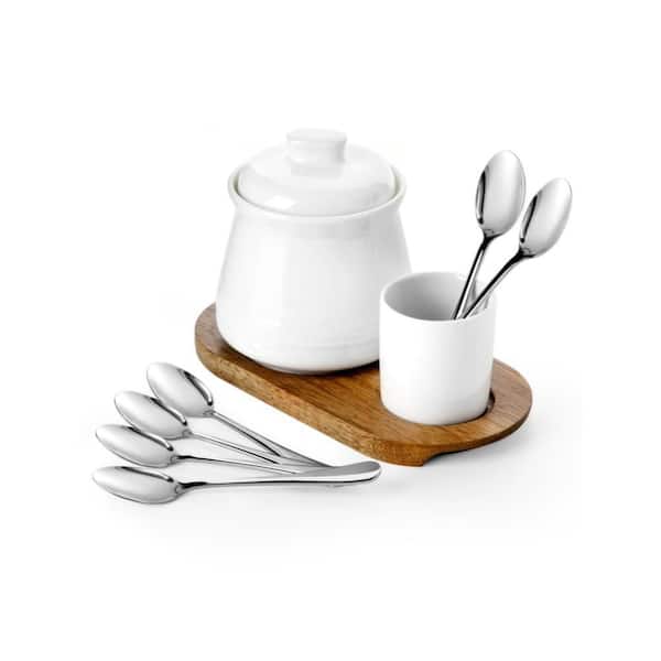 Classic 14 fl. oz. White Porcelain Sugar Jar & Spoon Set, Large Sugar Container for Coffee Bar (Set of 9)