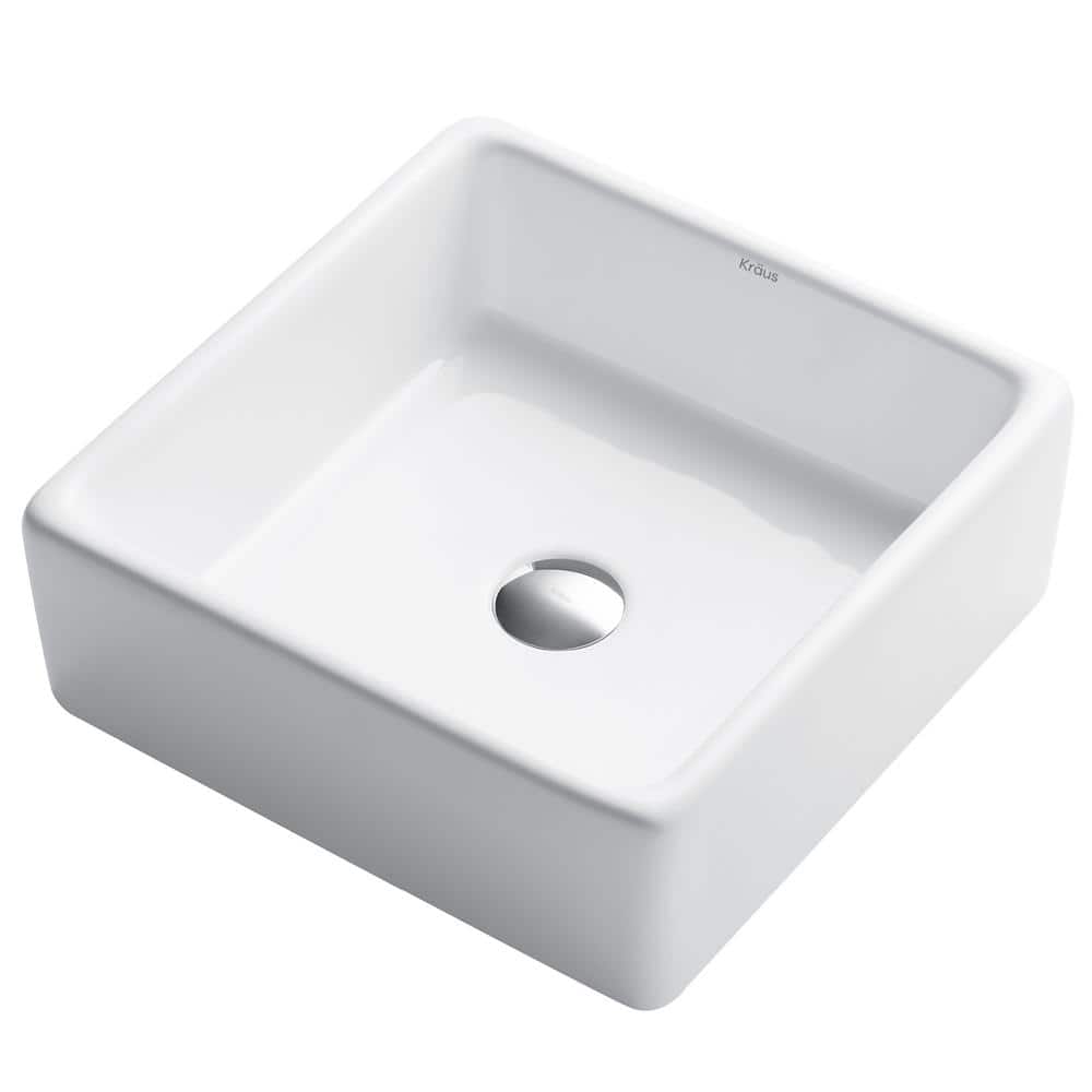 White Ceramic Square Vessel Bathroom Sink, 15-inch