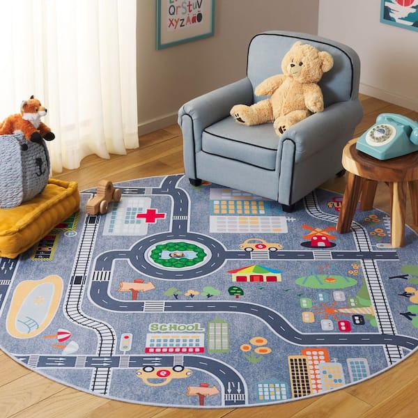 Tacoma Kids 5 ft. x 5 ft. Gray/Dark Gray Neighborhood Streets Round Area Rug