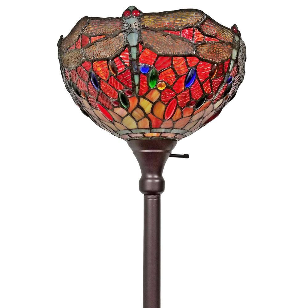 Elegant Dragonfly Torchiere Floor Lamp with Stained Glass Shade