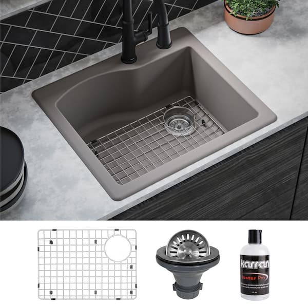 Karran QT-671 Quartz/Granite 25 in. Single Bowl Top Mount Drop-In Kitchen Sink in Concrete with Bottom Grid and Strainer