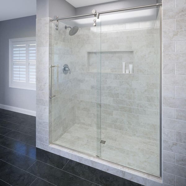 Basco Rolaire 59 in. x 76 in. Semi-Frameless Sliding Shower Door and Fixed Panel in Brushed Stainless Steel