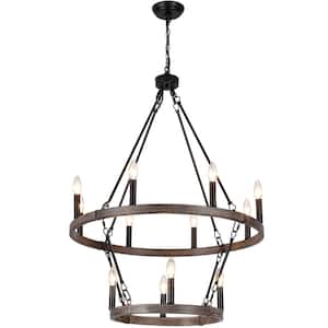 Vyolette 12-Light Black/Brown Farmhouse Candle Style 2 Tier Wagon Wheel Chandelier for Living Room Kitchen Foyer