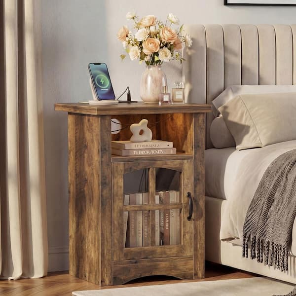 Brown LED Nightstand with Charging Station, Side Table with USB Ports Storage Shelf and Cabinet For Bedroom