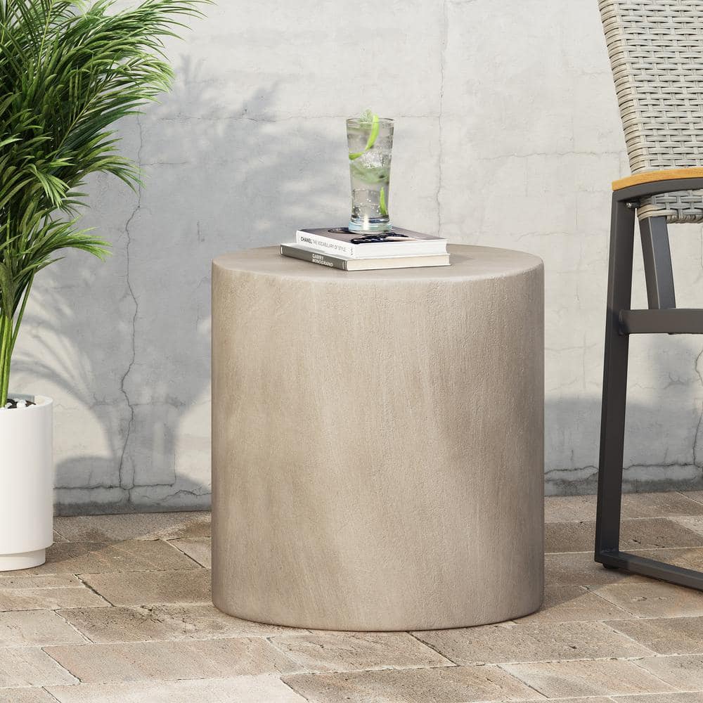 Modern Light Gray Concrete Outdoor Patio Side Table, LightWeight and No Ass
