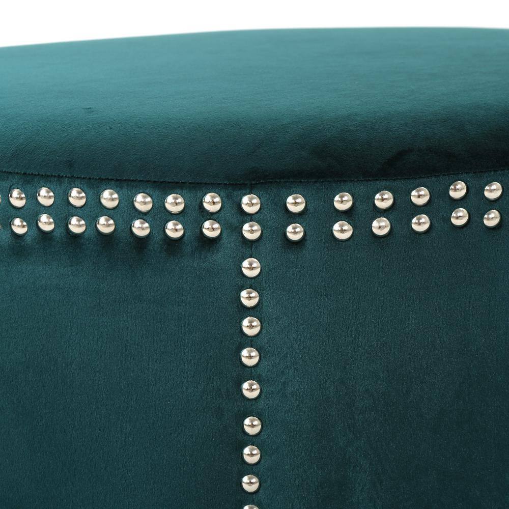 Teal Velvet Round Studded Accent Ottoman
