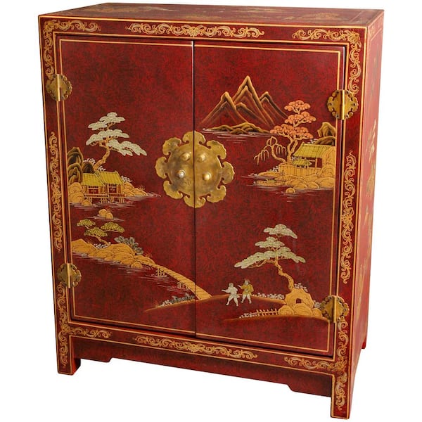 Red Lacquer Landscape Cabinet