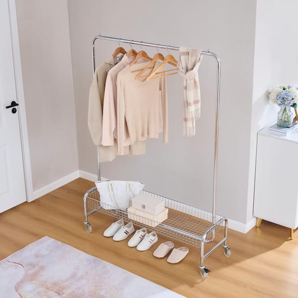 Noble House Avenor Silver Clothing Rack with Basket and Rolling Castors, Iron Frame (Set of 2)