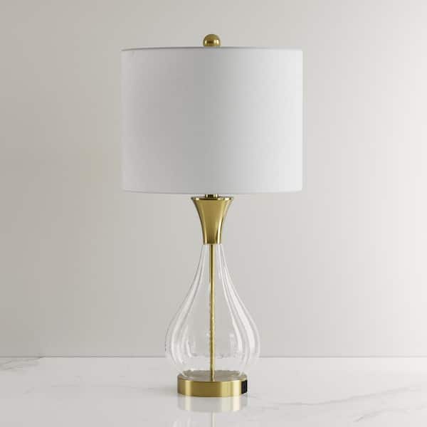 Maxax Denver 26 in. Clear Glass Brass Table Lamp with White Lampshade, USB/Type-C Ports.