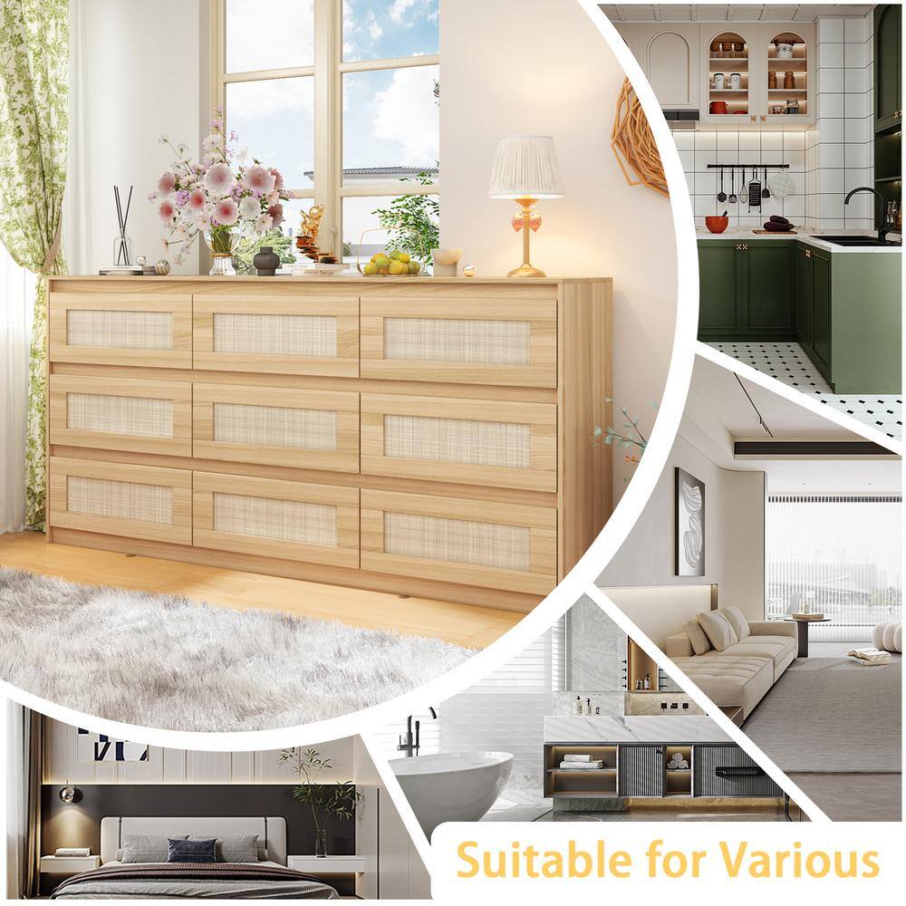 Rattan Wood Finish 9-Drawer 62.9 in. x 15.7 in. x 31.9 in. Dresser, Wooden Chest of Drawers for Bedroom, Living Room - thumbnail 10