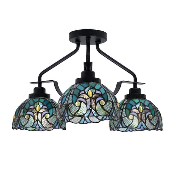 Unbranded Zara 17.25 in. 3-Light Matte Black Semi-Flush with 7 in. Turquoise Cypress Art Glass Shades No Bulbs Included
