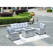 Fay 4-Piece Wicker Patio Fire Pit Set with Gray Cushions and Swivel Chairs