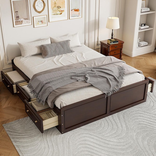 Espresso Wood Frame Queen Size Platform Bed with 6-Drawers