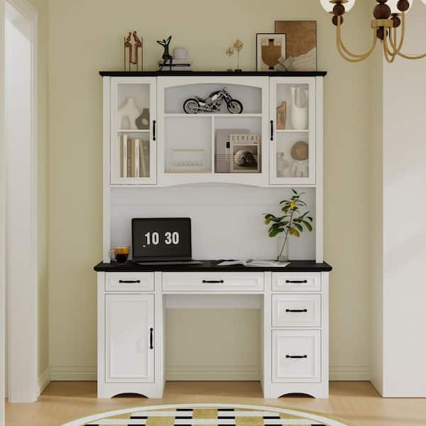 57.9 in. W Rectangle White & Black Wood 5-Drawer Computer Desk, Writing Desk, Vanity Table with 8-Shelf & Desktop Socket