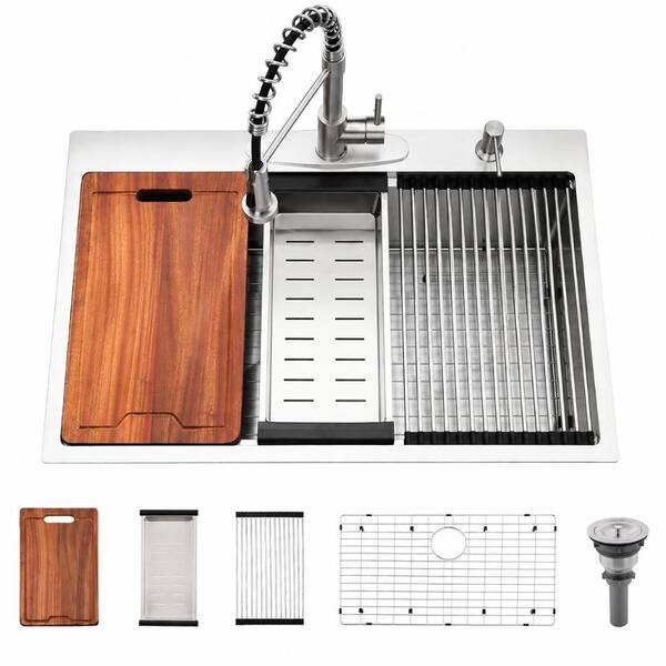 33 in. Drop-In Single Bowl 16-Gauge Stainless Steel Workstation Kitchen Sink, 10 in. Deep with Cutting Board