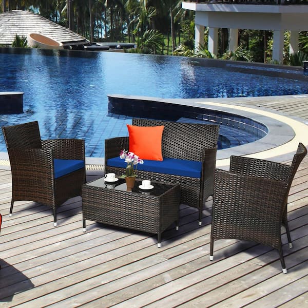 ANGELES HOME 4-Piece Wicker Patio Conversation Set with Navy Cushions and Glass Table for Outdoor Patio