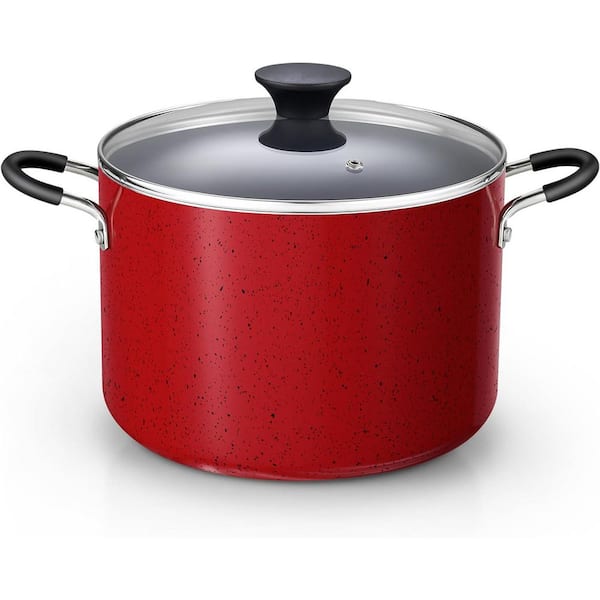 8-qt. Professional Aluminum Nonstick Stockpot with Lid, Cooking Soup Pot, Canning Cookware, Marble Red