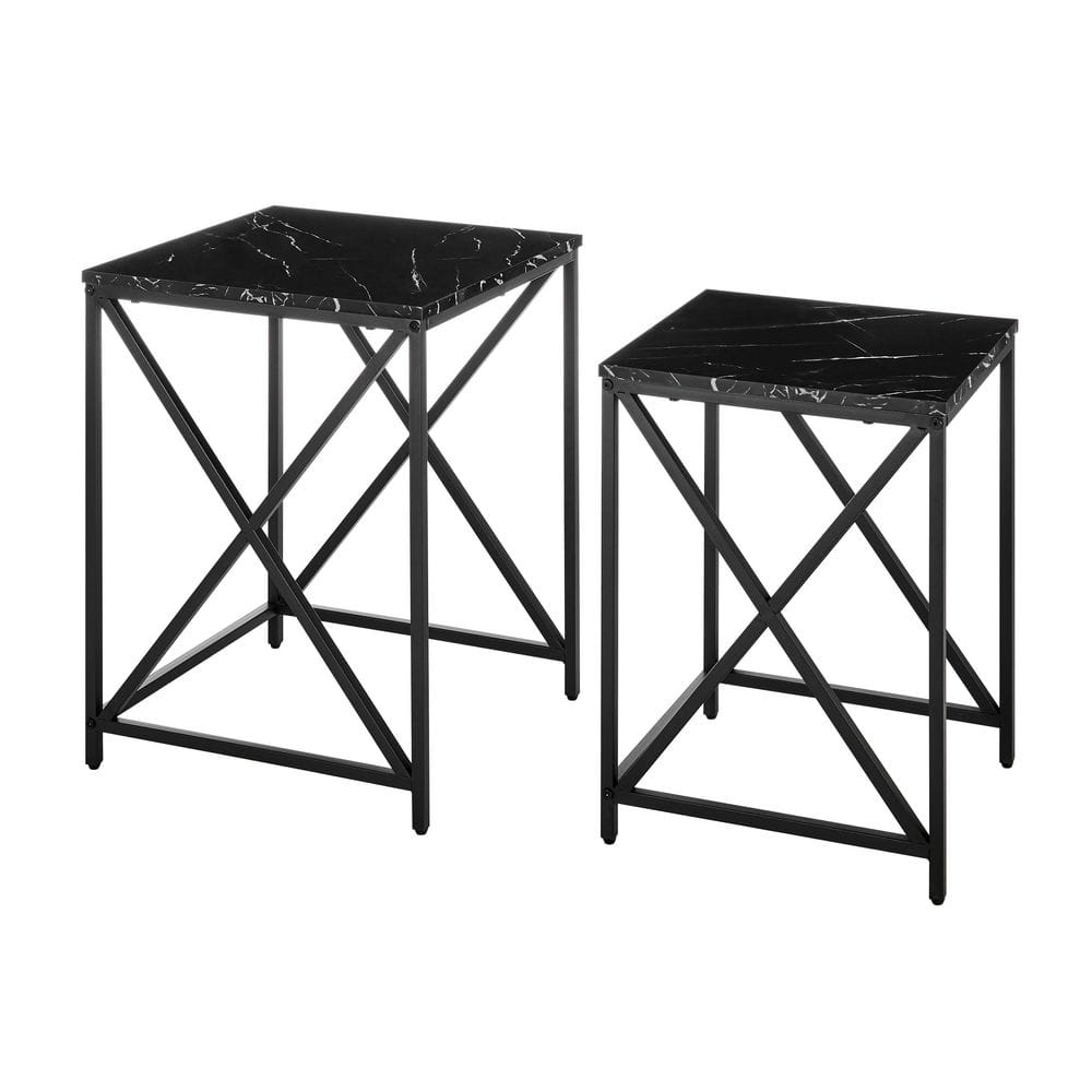 Modern Faux Marble and Black Metal Nesting End Table Set