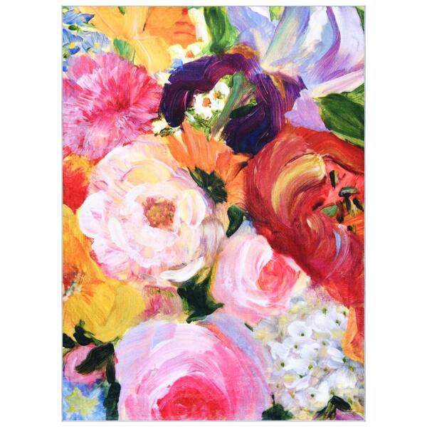 Yellow and Violet I, 8'x10' Hand Washable Flowers Art Area Rug, power-loomed, 100% polyester, 2mm pile, nonslipping back
