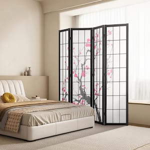 4-Panel Room Divider, Japanese Folding Privacy Screen, Portable Partition for Home and Restaurant Black Wood