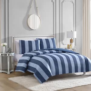 Denim Stripe Blue 3-Piece Reversible Microfiber Queen Comforter Set