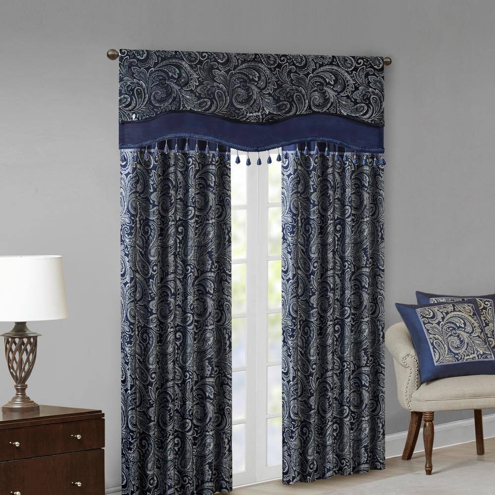 Navy Faux Silk Jacquard Beaded Window Valance